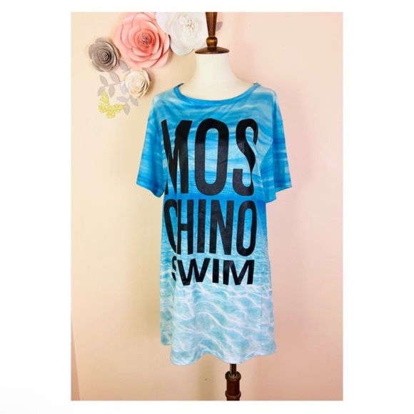 New! Moschino Swim Logo Ocean Print Cover Up T-Shirt Dress in Blue - Picture 3 of 6